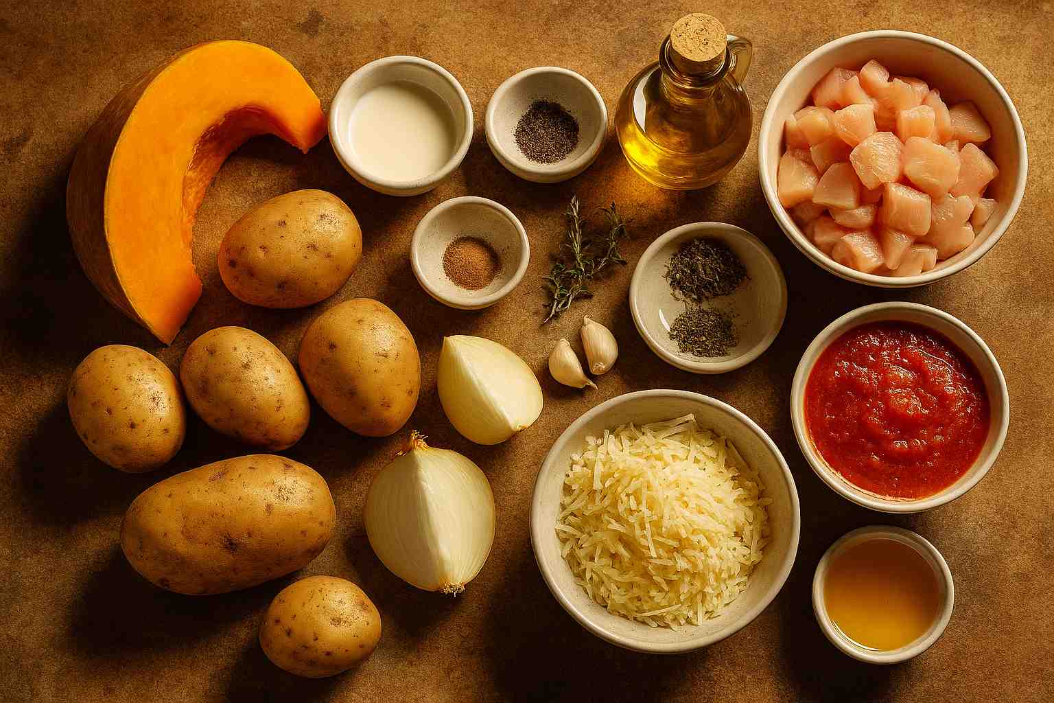 Ingredientes para el pastel de pollo y patata dispuestos sobre una mesa de cocina.