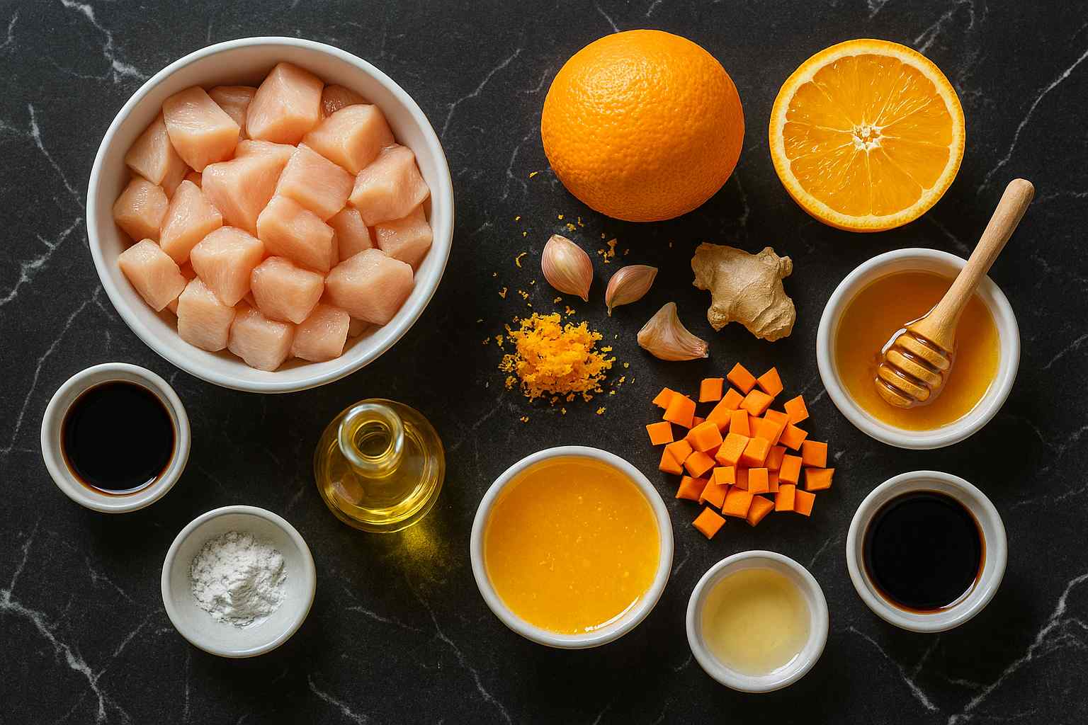 Ingredientes para la receta de pollo a la naranja sobre una superficie de marmol negro natural.