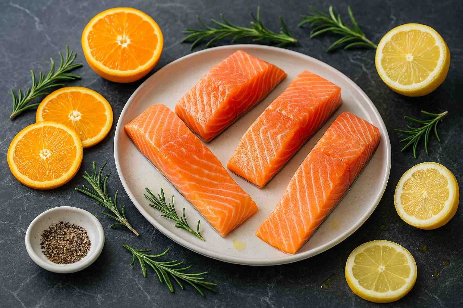 Ingredientes para la receta de salmón a la plancha con cítricos Ingredientes para el salmón a la naranja: lomos de salmón fresco, naranjas, un limón y ramitas de romero.