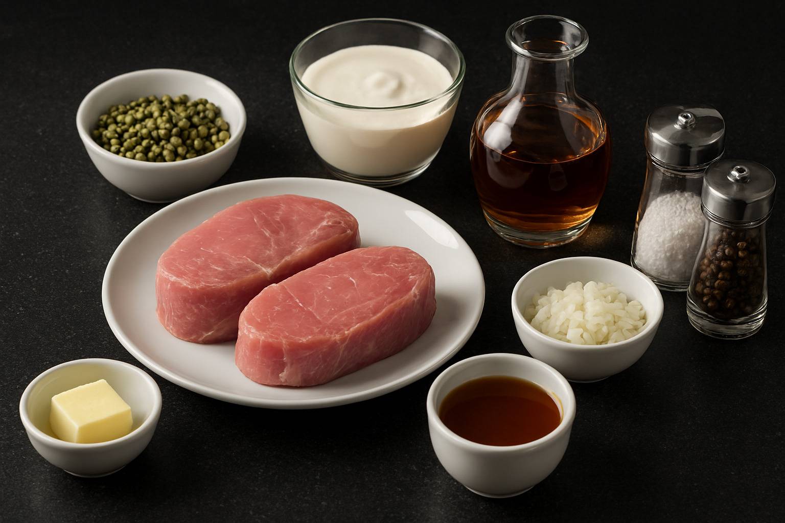 Ingredientes para el solomillo a la pimienta: medallones de solomillo, nata, coñac, pimienta verde y caldo.