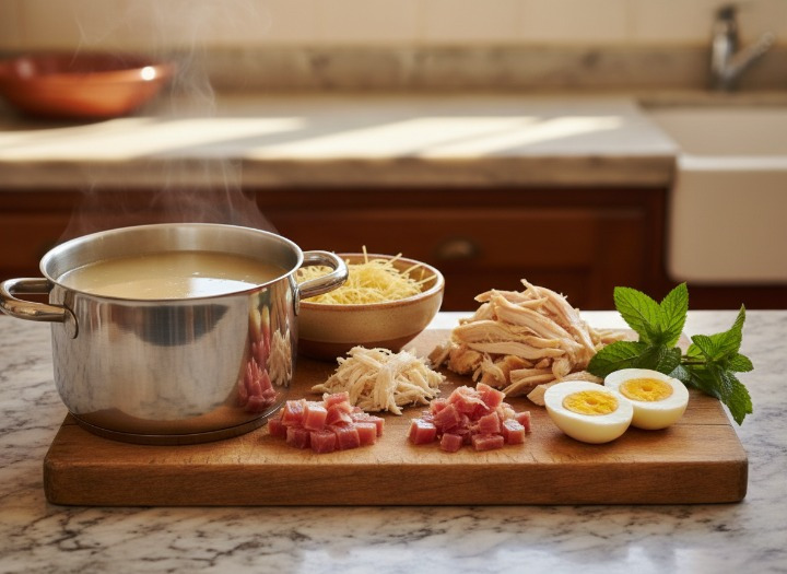 Ingredientes de la Sopa de Picadillo Andaluza Ingredientes para la sopa de picadillo: caldo, pollo, jamón, huevo duro, fideos y hierbabuena.