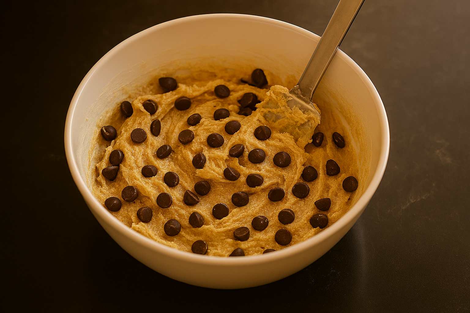 Bol con la masa de galletas de chocolate ya mezclada con las pepitas de chocolate, lista para refrigerar.