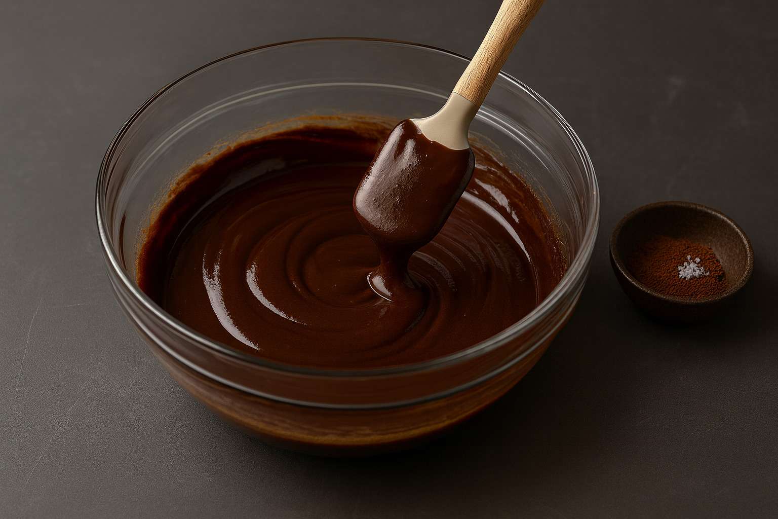 Masa del Coulant sin Harina Mezcla de coulant de chocolate sin harina, densa y brillante, lista para verter en los moldes.