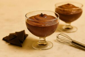 Copa de mousse de chocolate casera en primer plano sobre fondo de mármol blanco natural con textura aireada y virutas de chocolate