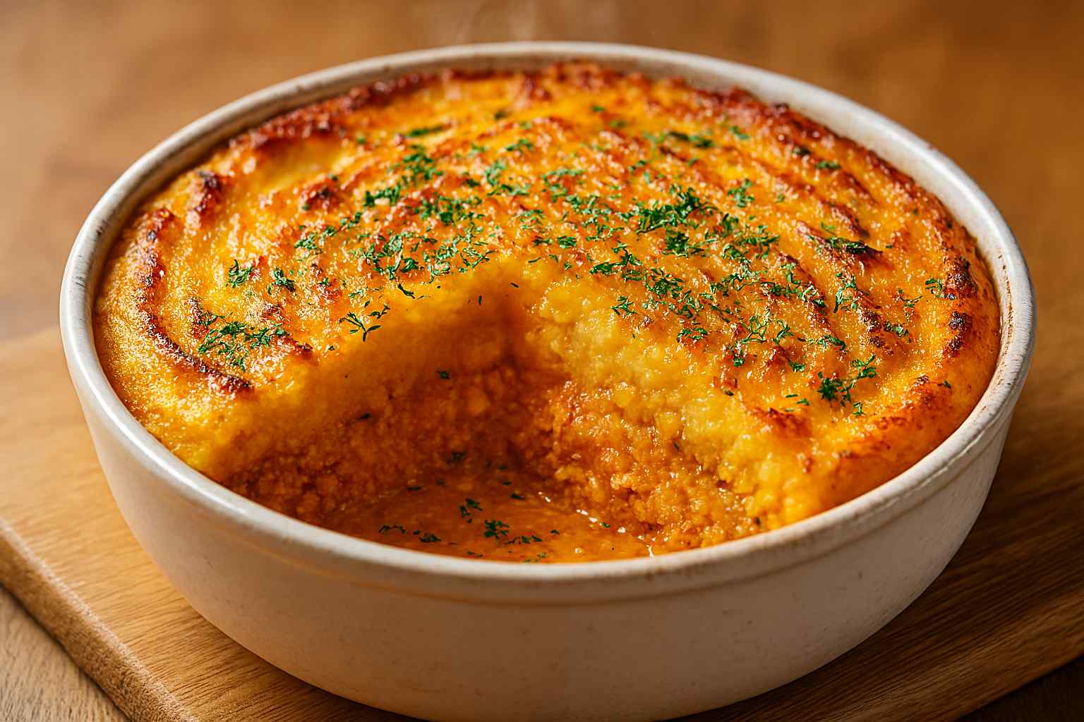 Pastel de pollo y patata con calabaza, recién salido del horno y gratinado.