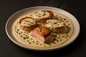 Plato final de medallones de solomillo de cerdo cubiertos con salsa cremosa a la pimienta verde y decorados con perejil, listo para servir.