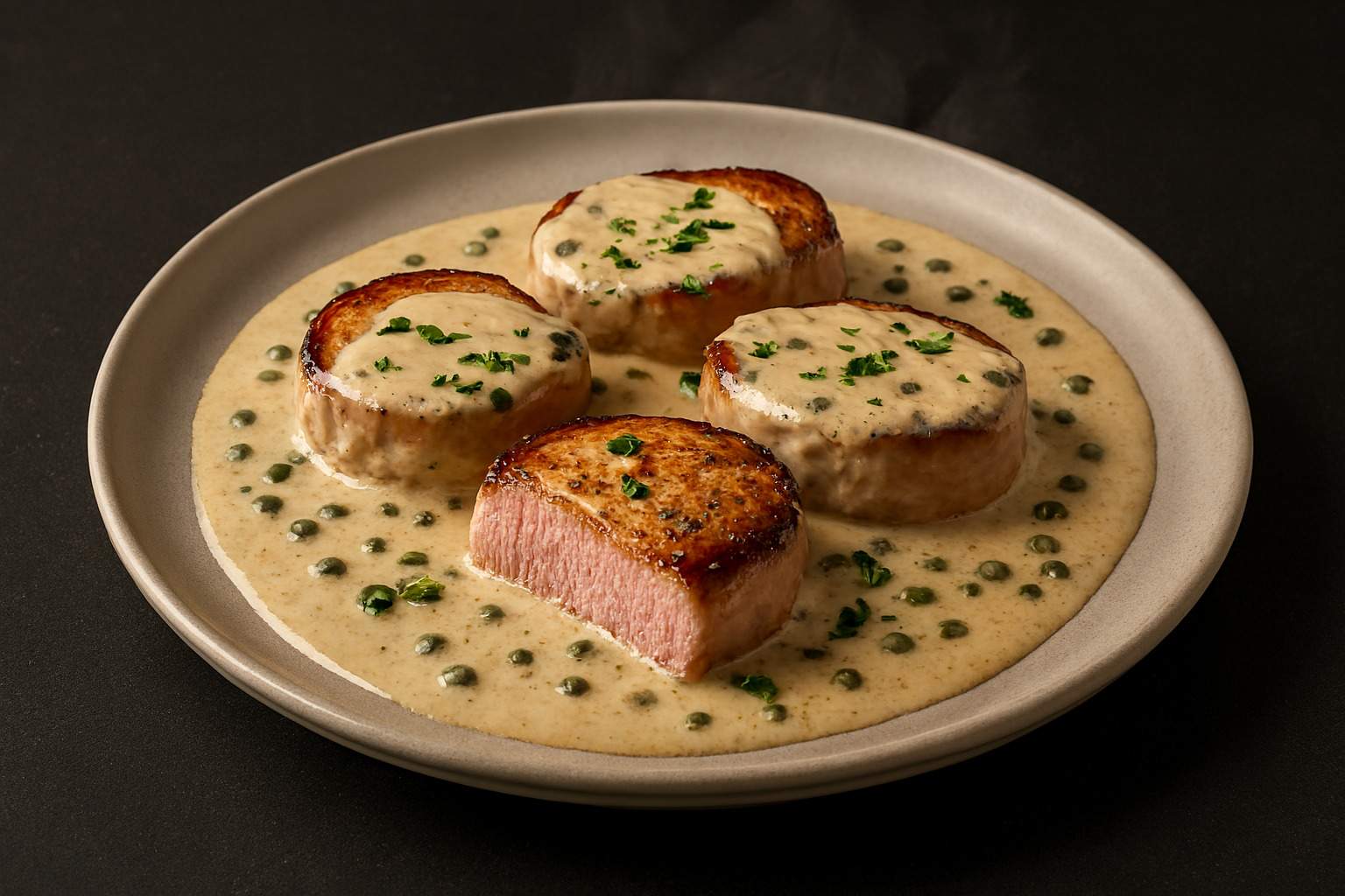 Plato final de medallones de solomillo de cerdo cubiertos con salsa cremosa a la pimienta verde y decorados con perejil, listo para servir.