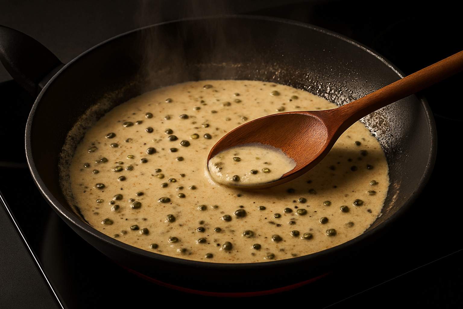 Salsa a la pimienta cremosa reduciendo a fuego lento en la sartén.