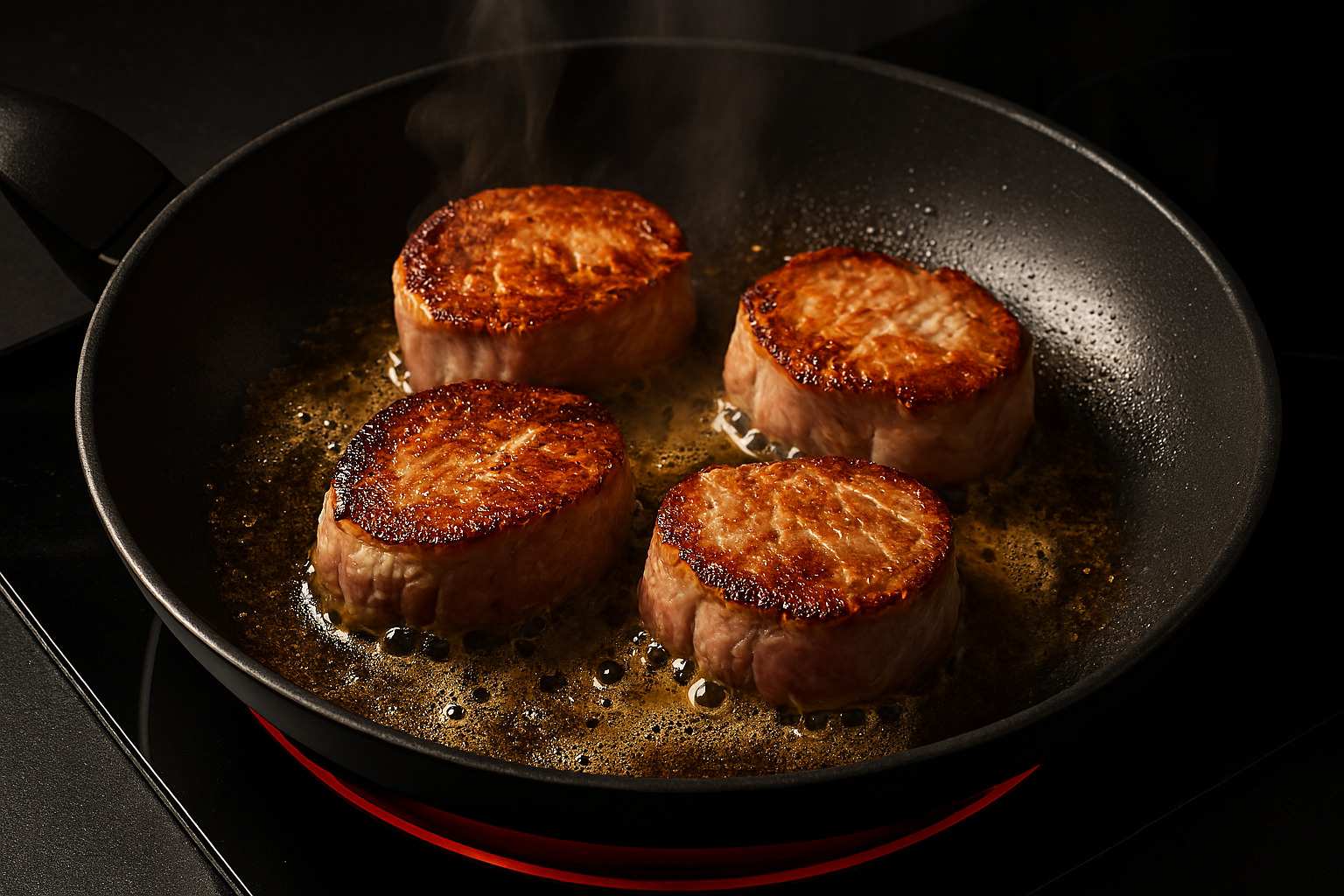 Medallones de solomillo de cerdo sellándose a fuego fuerte en una sartén.