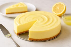 Tarta de limón sin horno con base de galleta y crema espesa sobre mármol blanco, con corte limpio y aspecto cremoso.