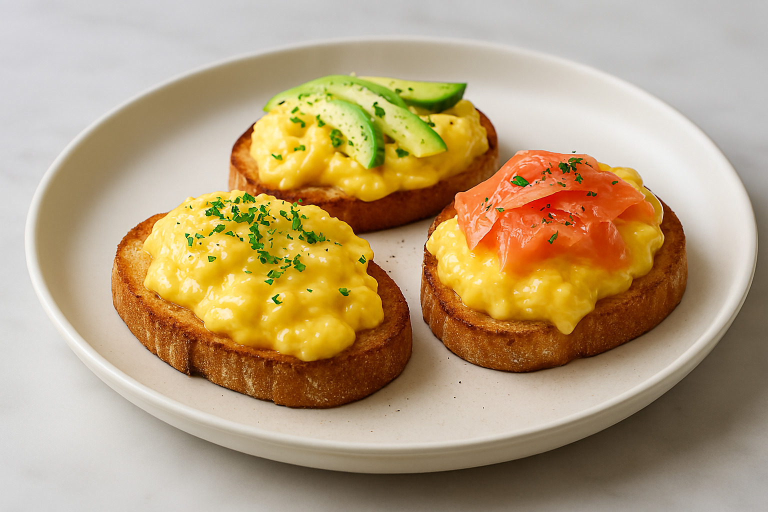 Huevos revueltos de chef presentados con diferentes acompañamientos como salmón ahumado y aguacate.