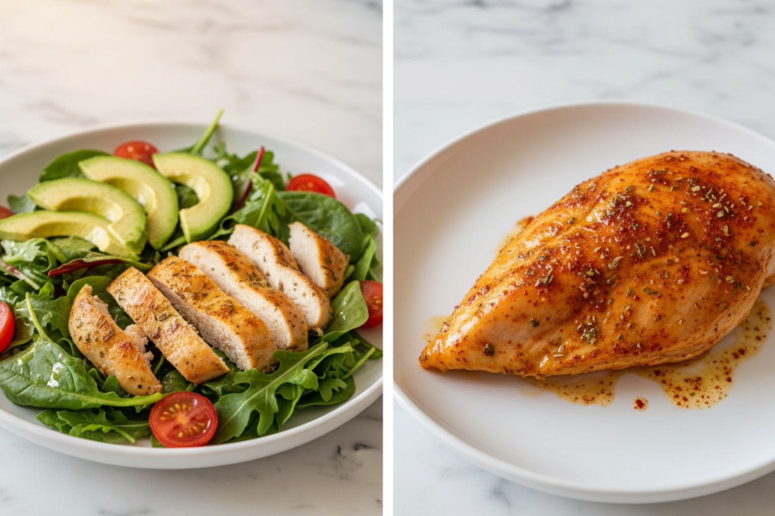 Composición de dos platos: uno con pechuga de pollo en una ensalada y otro con la pechuga marinada con especias.