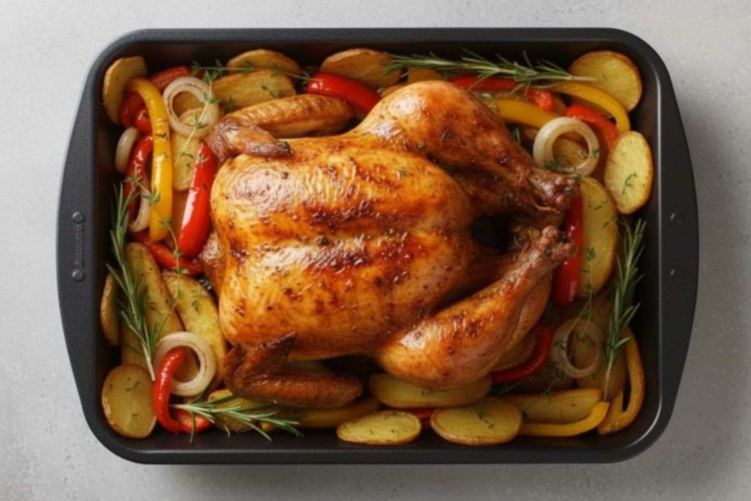 Pollo al horno entero y jugoso con patatas doradas, receta fácil con trucos para un resultado perfecto.