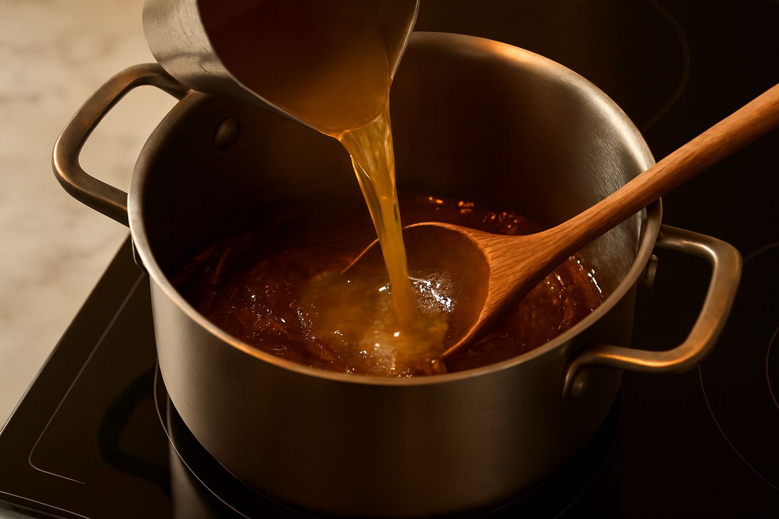 Olla con cebollas caramelizadas a la que se le está añadiendo caldo caliente para hacer la sopa.
