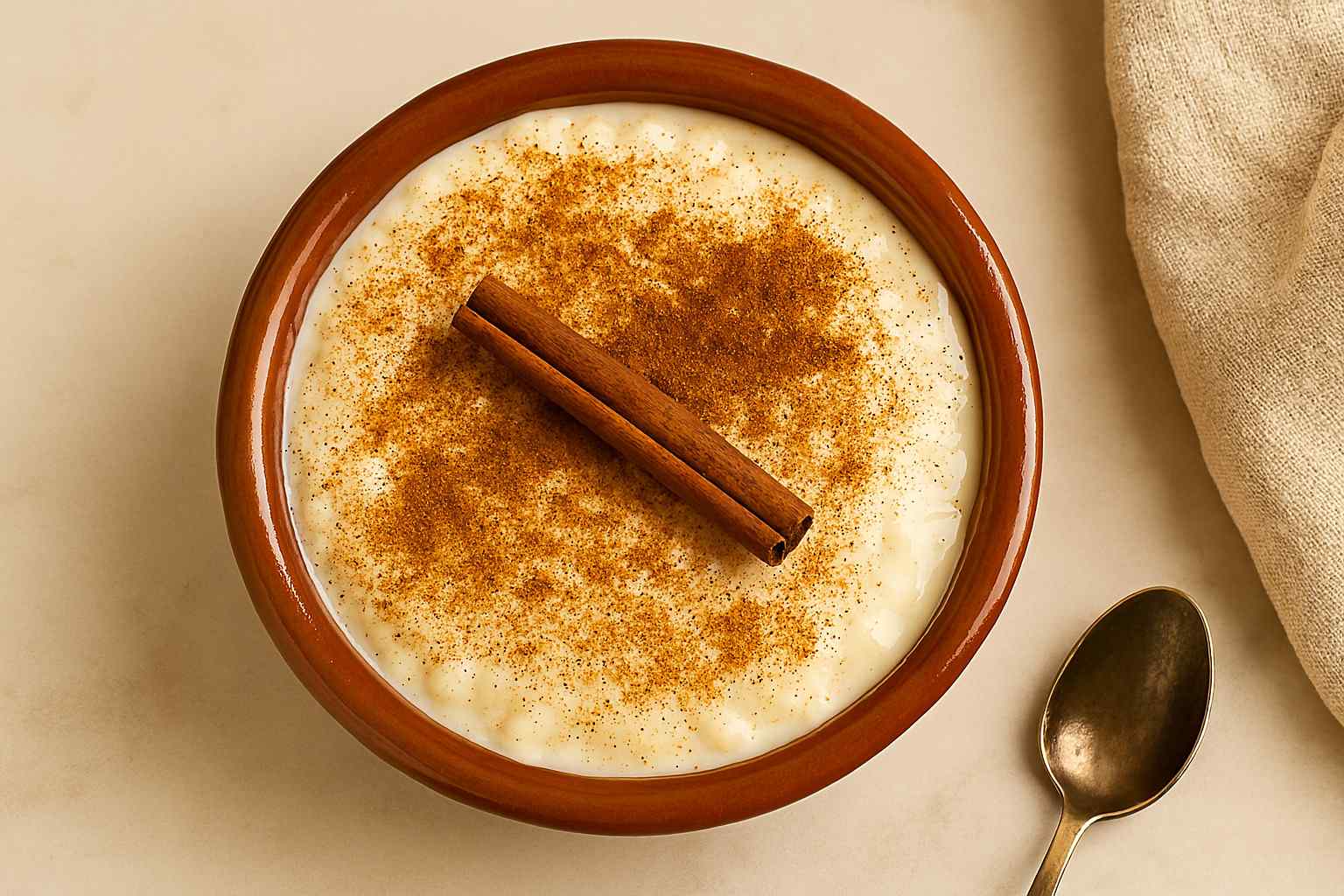 Cuenco de arroz con leche cremoso, espolvoreado con canela y decorado con una rama de canela.