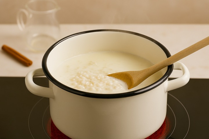Olla con arroz con leche cociéndose a fuego lento, con una cuchara de madera removiendo.