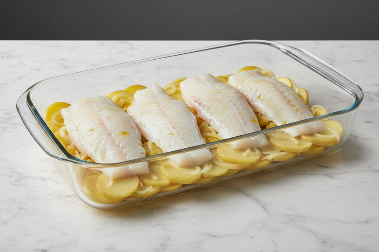 Lomos de bacalao sobre la cama de patatas, listos para el pre-horneado.