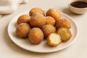 Plato con buñuelos de yogur caseros cubiertos de azúcar, uno partido mostrando el interior esponjoso y tierno.