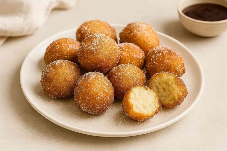 Plato con buñuelos de yogur caseros cubiertos de azúcar, uno partido mostrando el interior esponjoso y tierno.