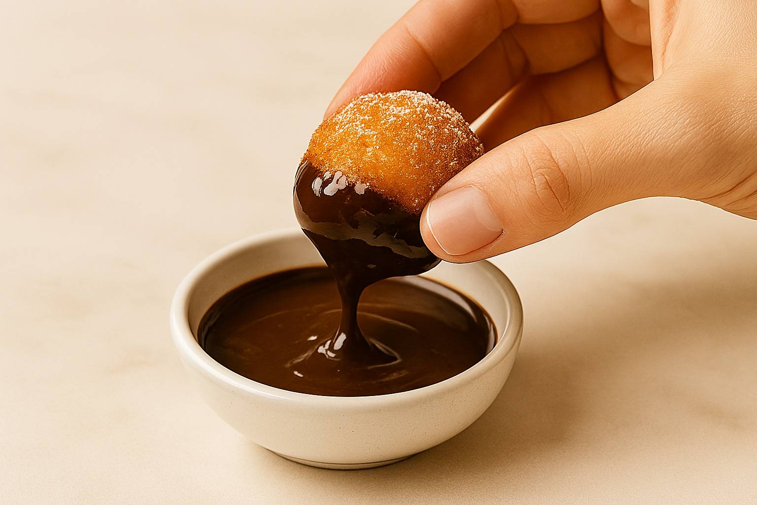 Primer plano de una mano mojando un buñuelo de yogur esponjoso en un cuenco con salsa de chocolate caliente.