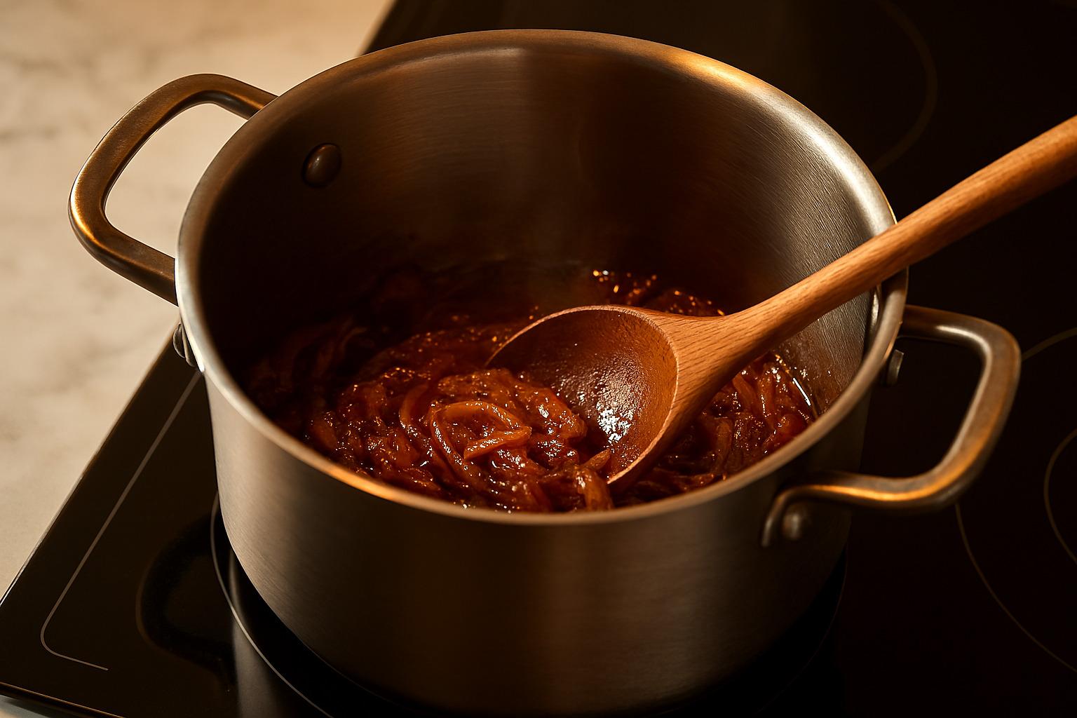 Cebollas caramelizándose lentamente en una olla, alcanzando un color caoba oscuro.