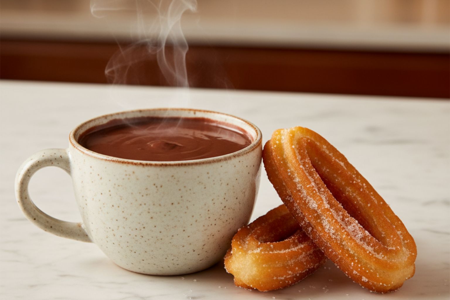Taza de chocolate a la taza espeso y humeante junto a varios churros caseros listos para mojar.