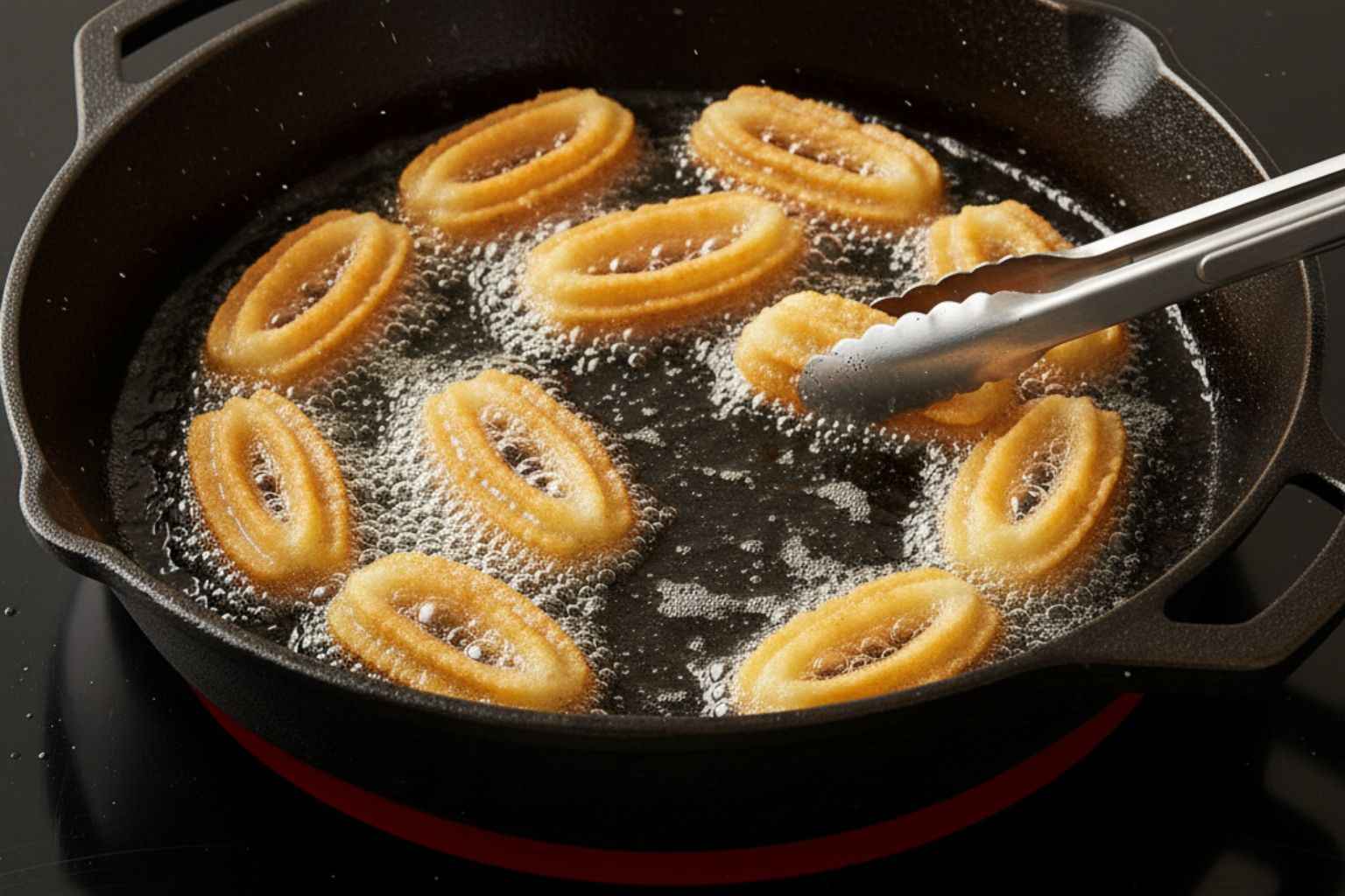 Churros caseros friéndose en una sartén con aceite caliente hasta quedar dorados y crujientes.