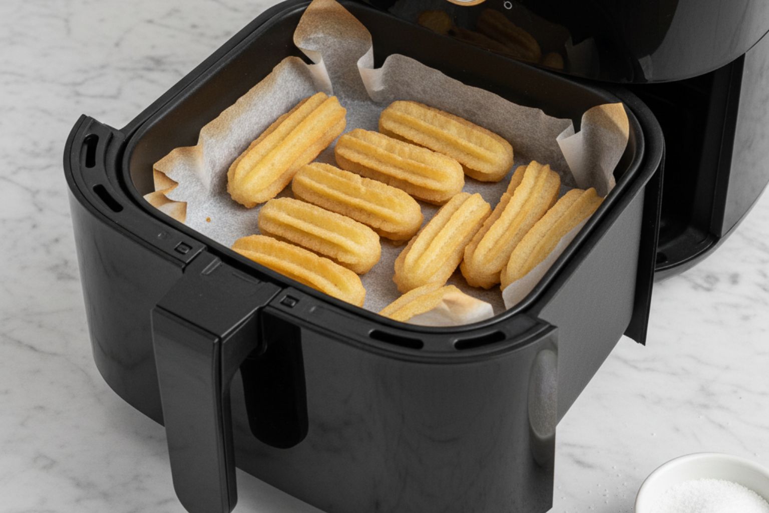 Churros caseros colocados sobre papel de horno en la cesta de una freidora de aire, listos para cocinar.