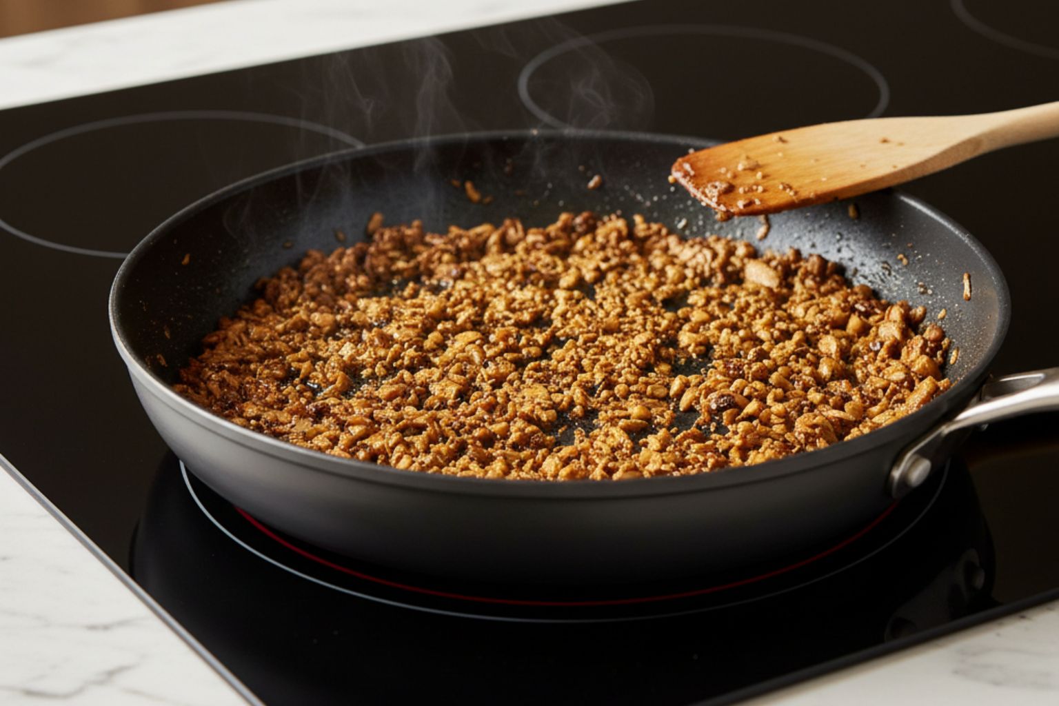 Duxelle de champiñones seco en una sartén.