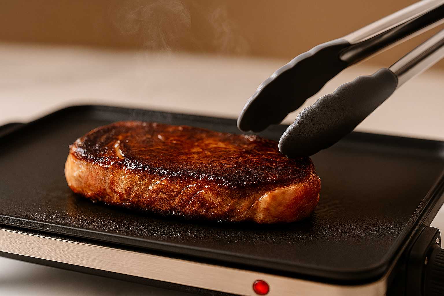 Entrecot de ternera cocinándose en una plancha caliente, mostrando una costra oscura y caramelizada.