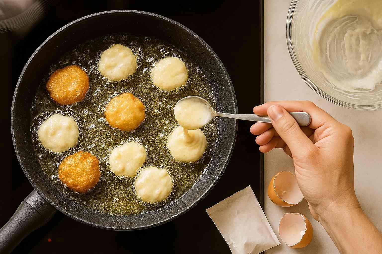 Masa de los buñuelos de yogur friéndose en una sartén con aceite caliente hasta quedar dorados.