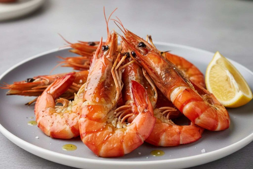 Plato final de gambones a la plancha jugosos y perfectamente dorados.