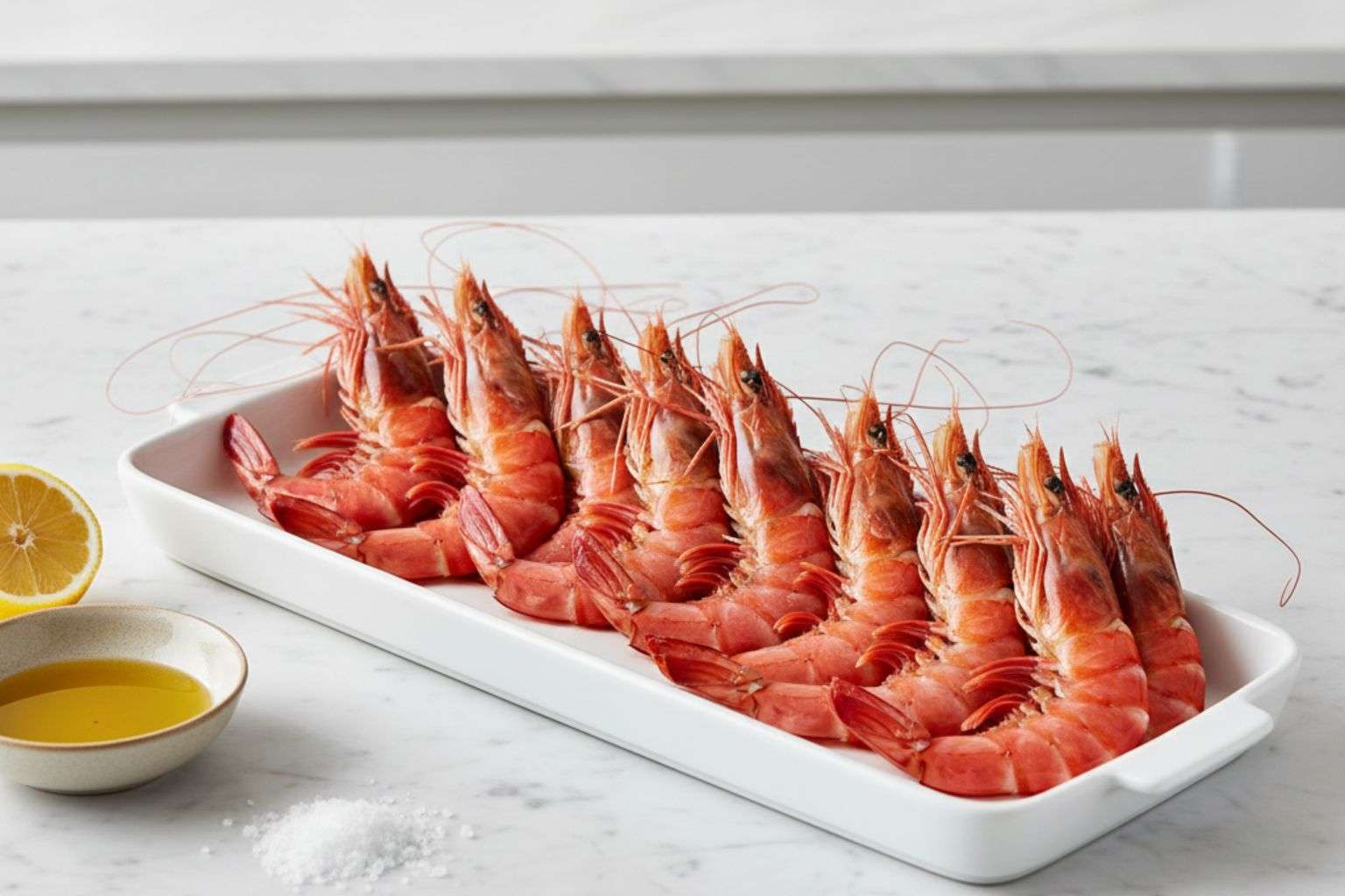 Gambones o langostinos frescos y crudos listos para ser cocinados a la plancha.