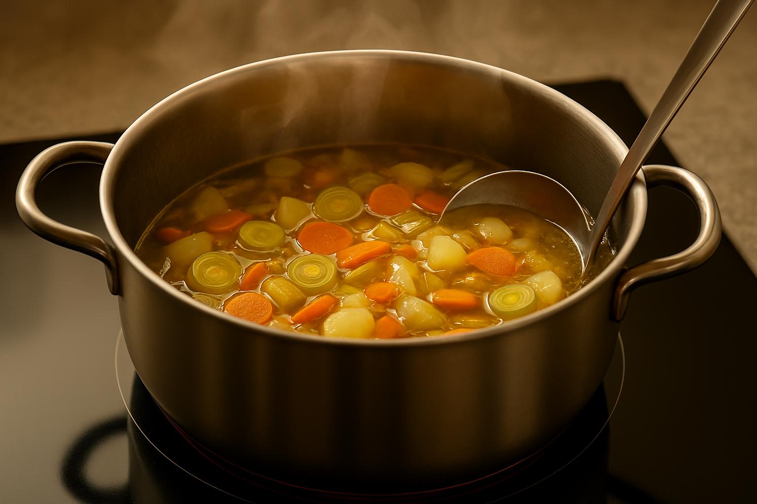 Puerros, zanahorias y patatas chascadas cociéndose a fuego lento en caldo en una olla grande sobre vitrocerámica, para purrusalda tradicional.