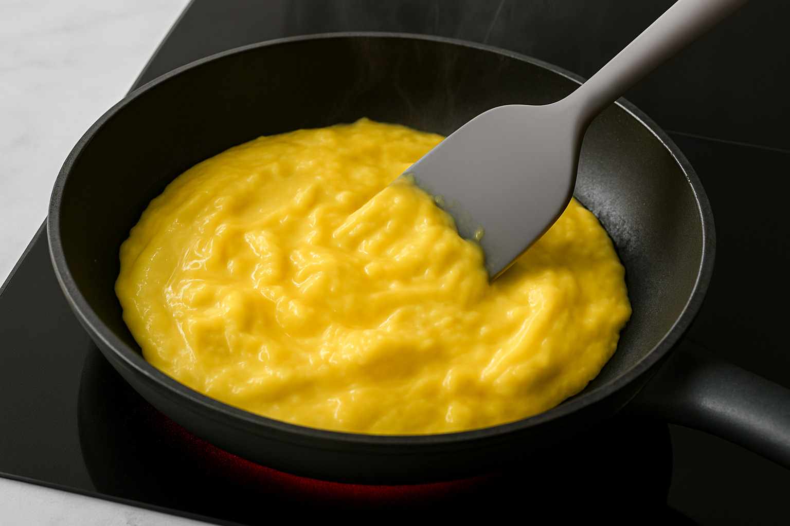 Primer plano de una espátula removiendo huevos y mantequilla en una sartén a fuego muy bajo, mostrando la textura cremosa inicial.