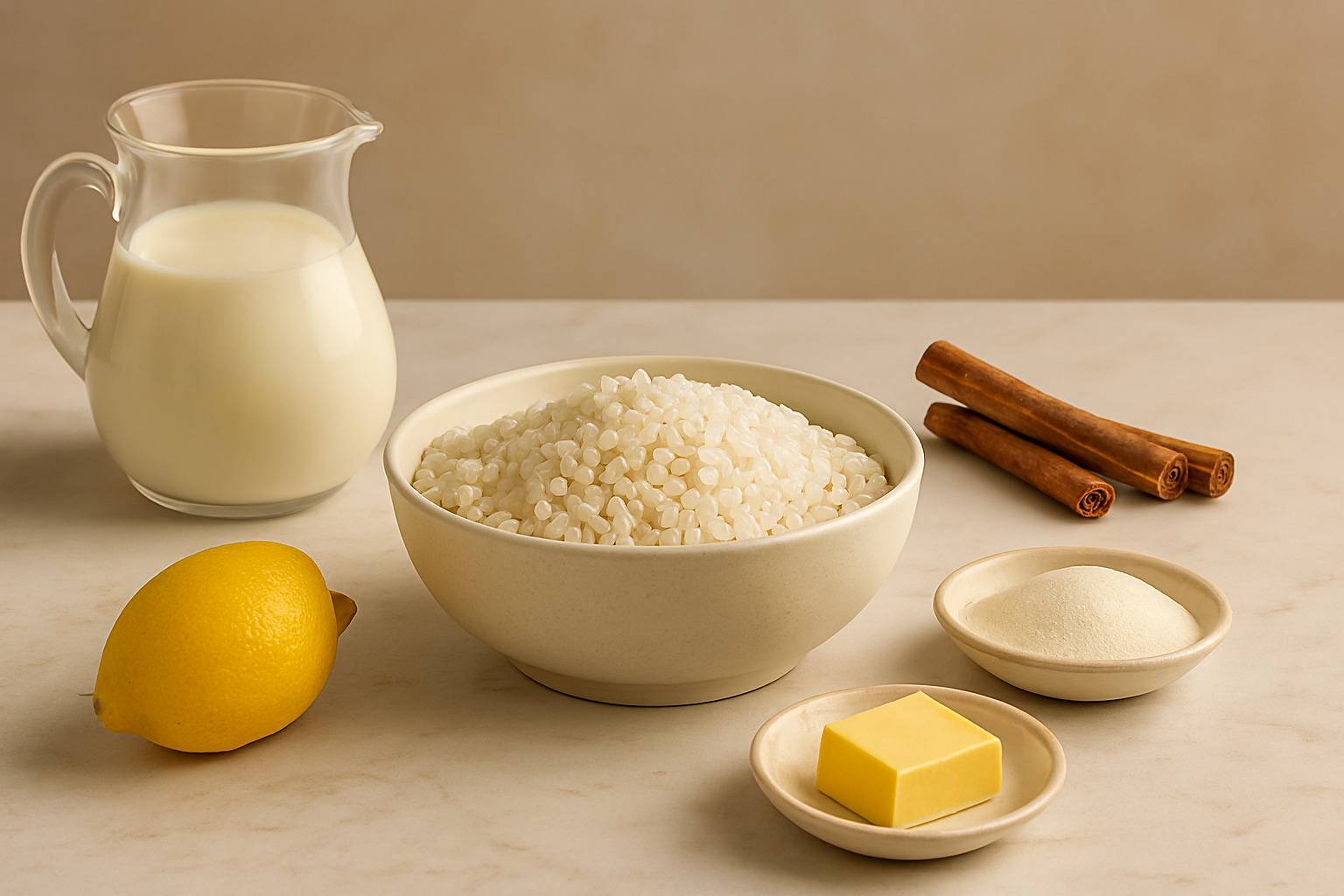 Ingredientes para arroz con leche cremoso: arroz redondo, leche, azúcar, canela en rama y piel de limón.