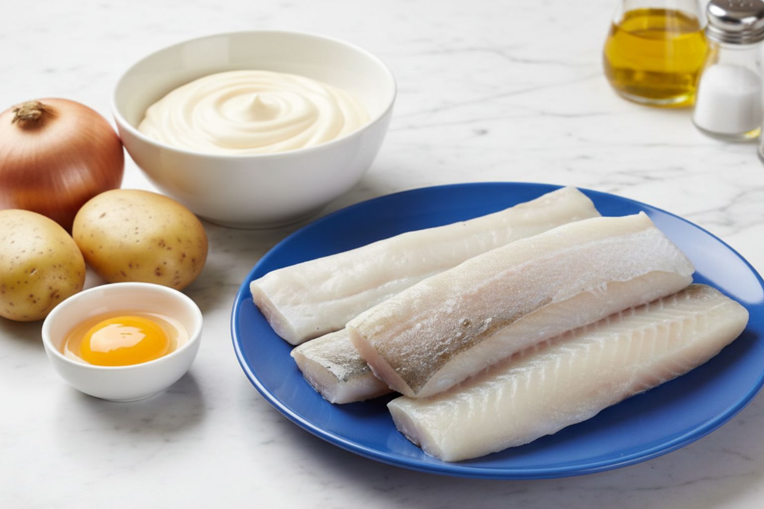 Ingredientes para el bacalao gratinado: lomos de bacalao, patatas, cebolla, mayonesa y huevo.
