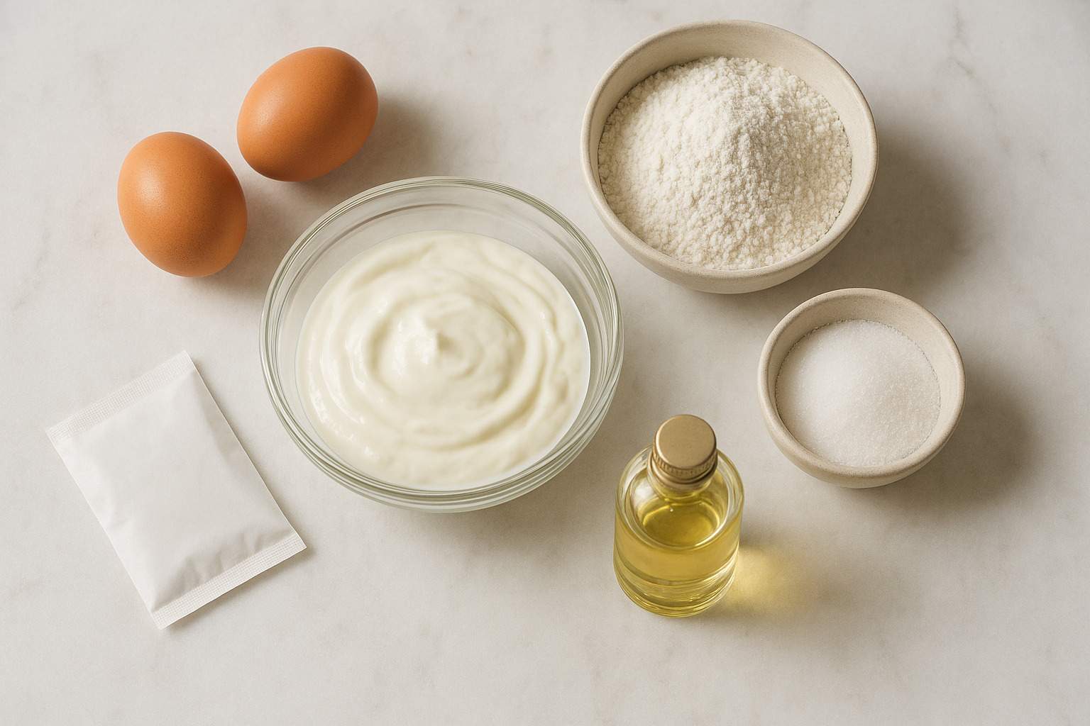 Ingredientes para hacer buñuelos de yogur caseros: yogur, harina, huevos, azúcar, levadura y aceite.
