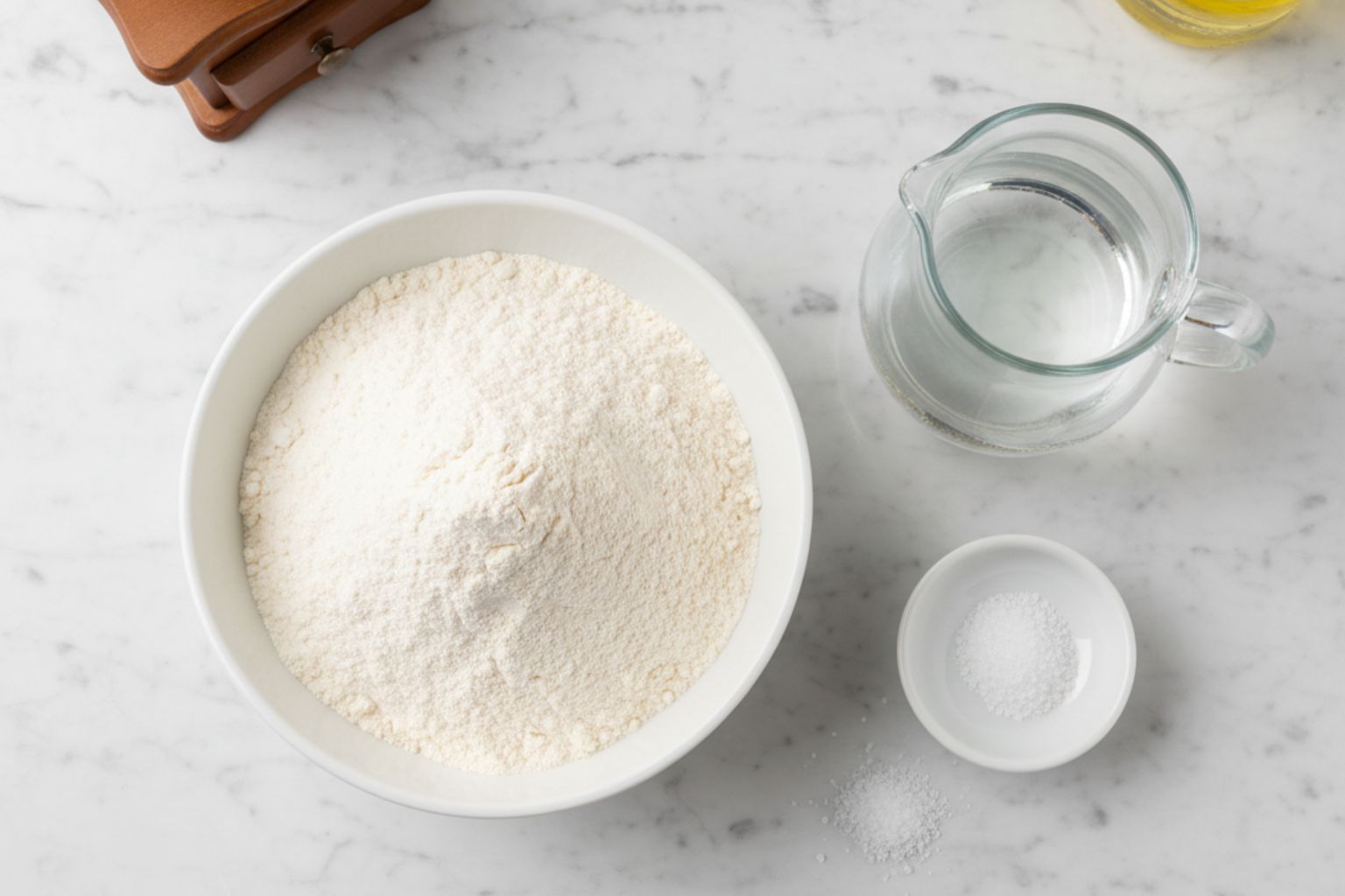 Ingredientes para churros caseros: un bol de harina, una jarra de agua y un salero.