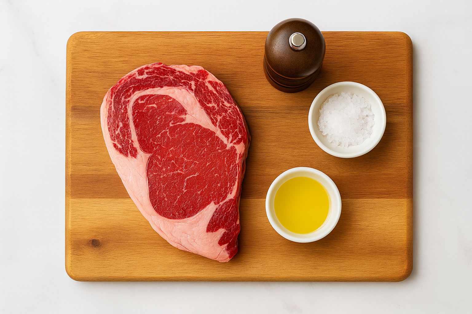Un entrecot de ternera crudo de 3cm de grosor, junto a un molinillo de pimienta y un bol con sal en escamas.