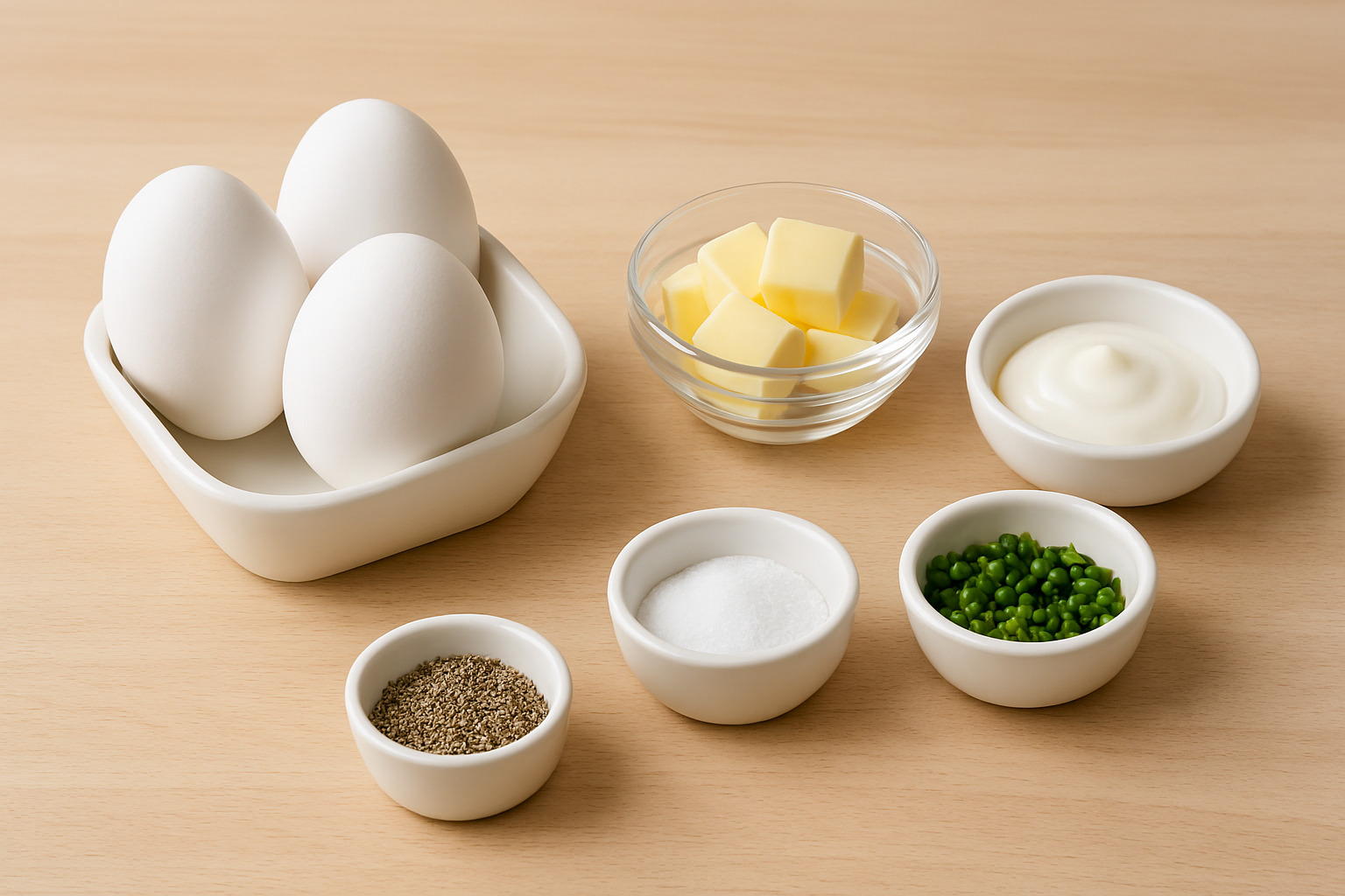 Ingredientes de alta calidad para huevos revueltos de chef: huevos camperos, un trozo de mantequilla, un bol con nata y cebollino fresco.