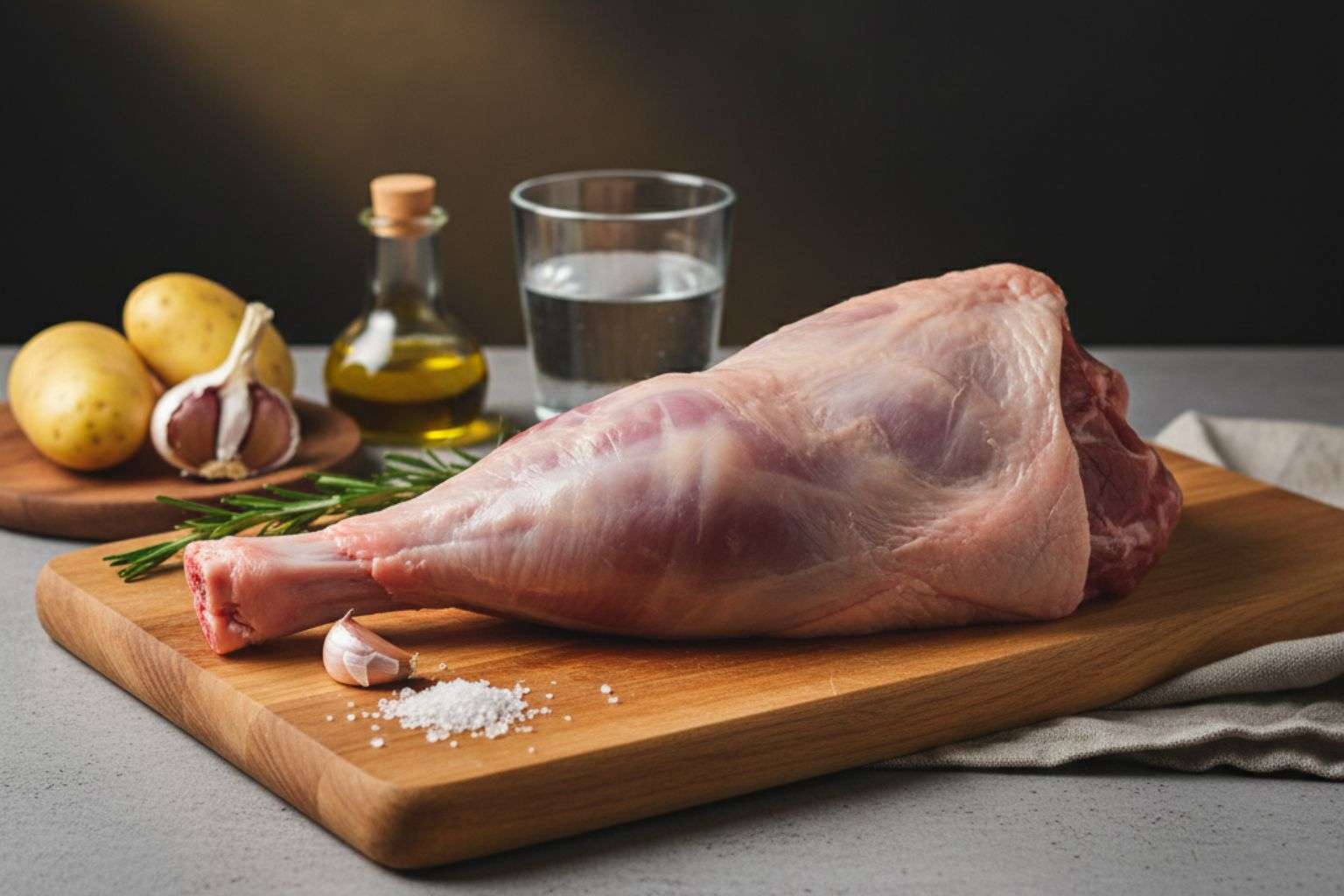 Paletilla de cordero lechal cruda sobre una tabla con ajos y romero.