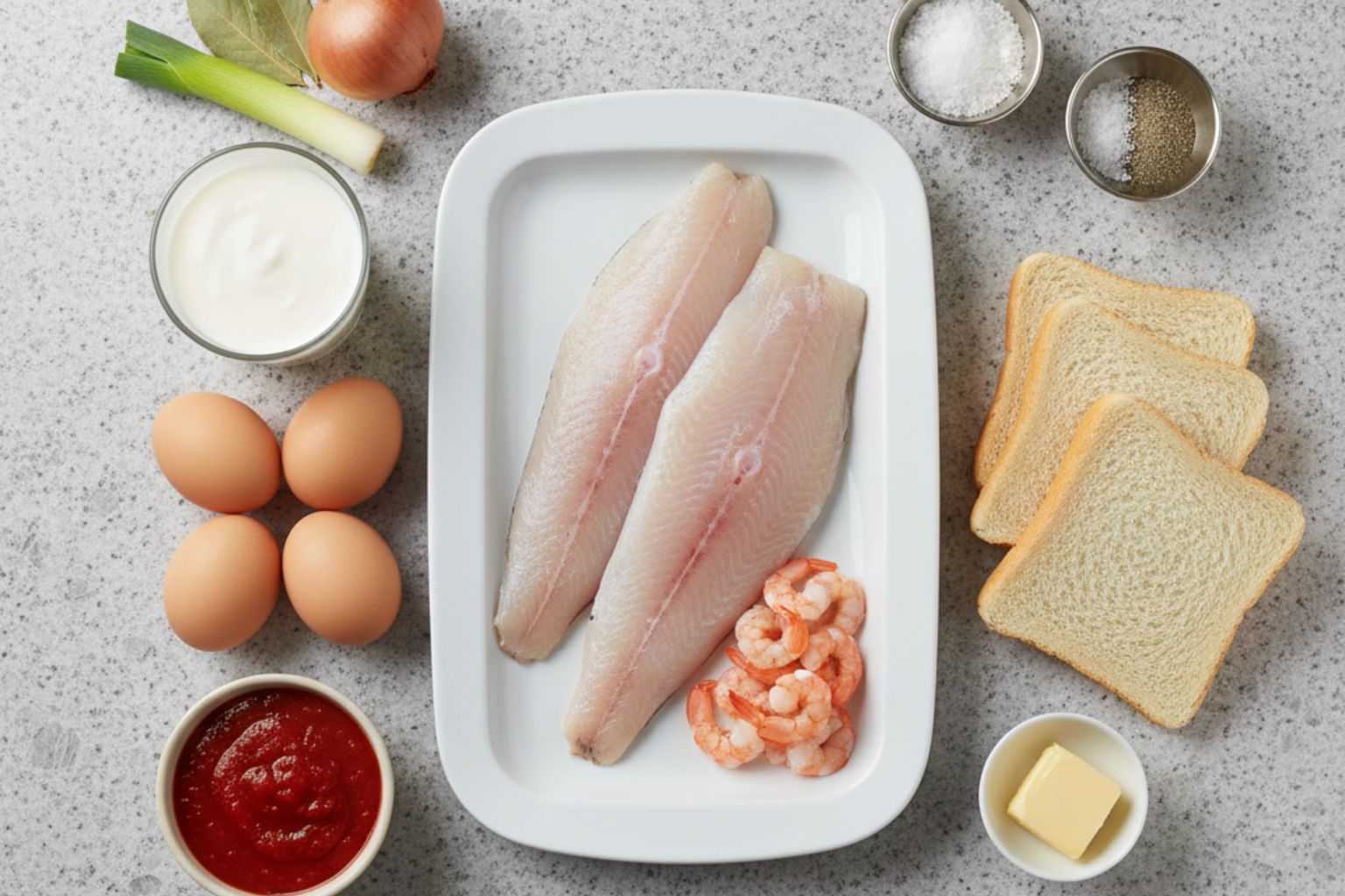 Ingredientes para el pastel de pescado: lomos de merluza, gambas, huevos, nata y tomate.