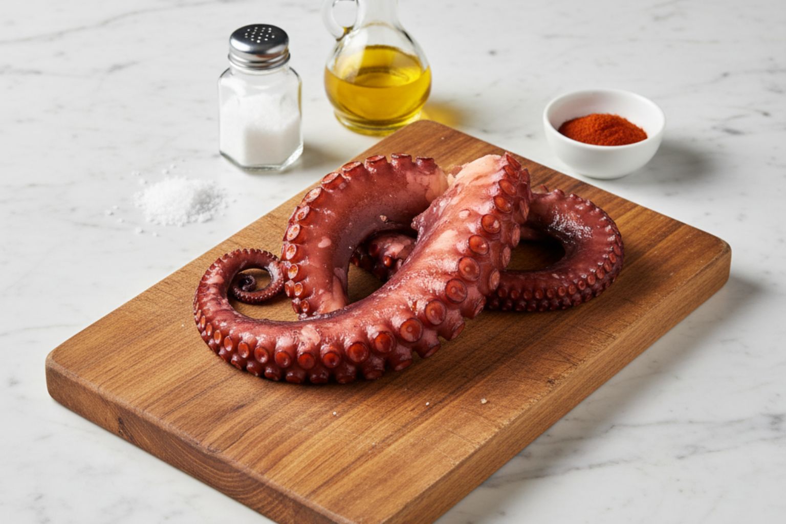 Una pata de pulpo cocida sobre una tabla de madera, junto a un bol con pimentón, sal en escamas y aceite de oliva.