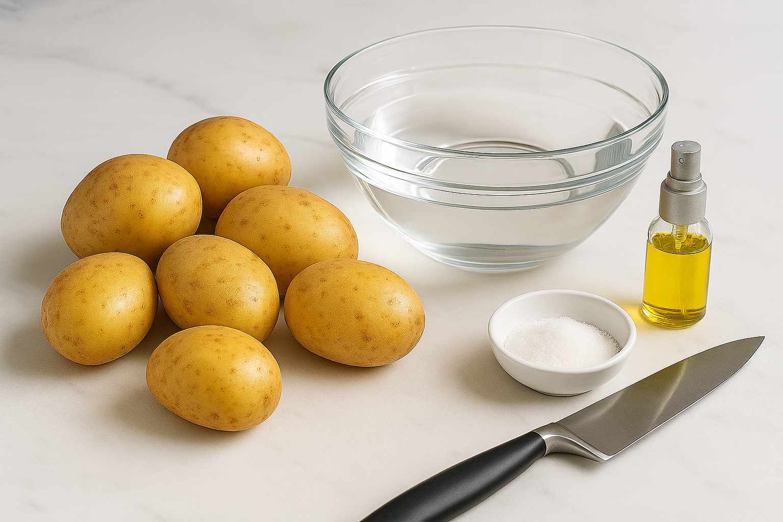 Ingredientes para patatas fritas en freidora de aire: patatas crudas, un bol de agua, aceite de oliva y sal.