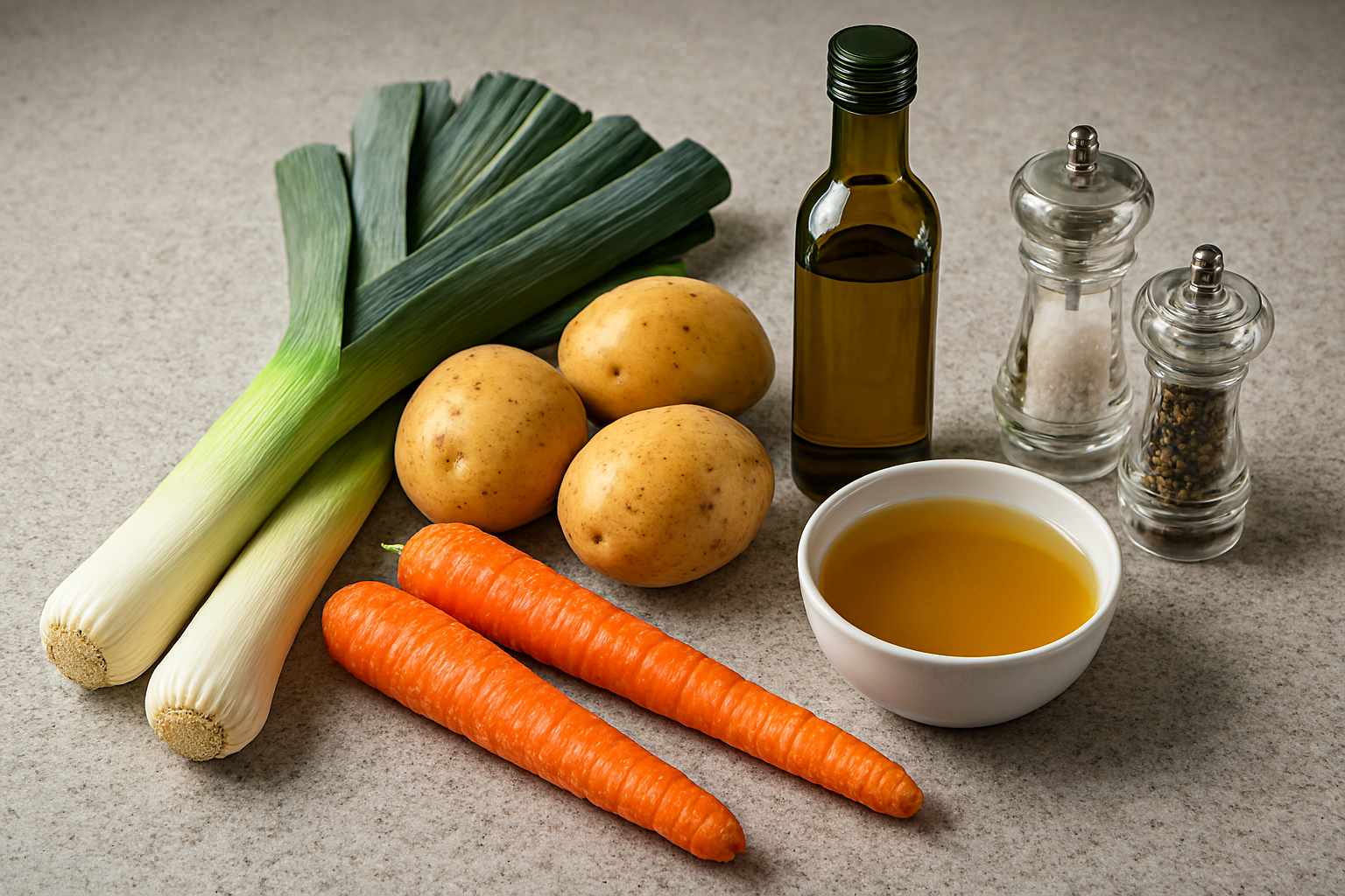 Ingredientes para purrusalda tradicional: puerros, patatas, zanahorias y aceite de oliva.