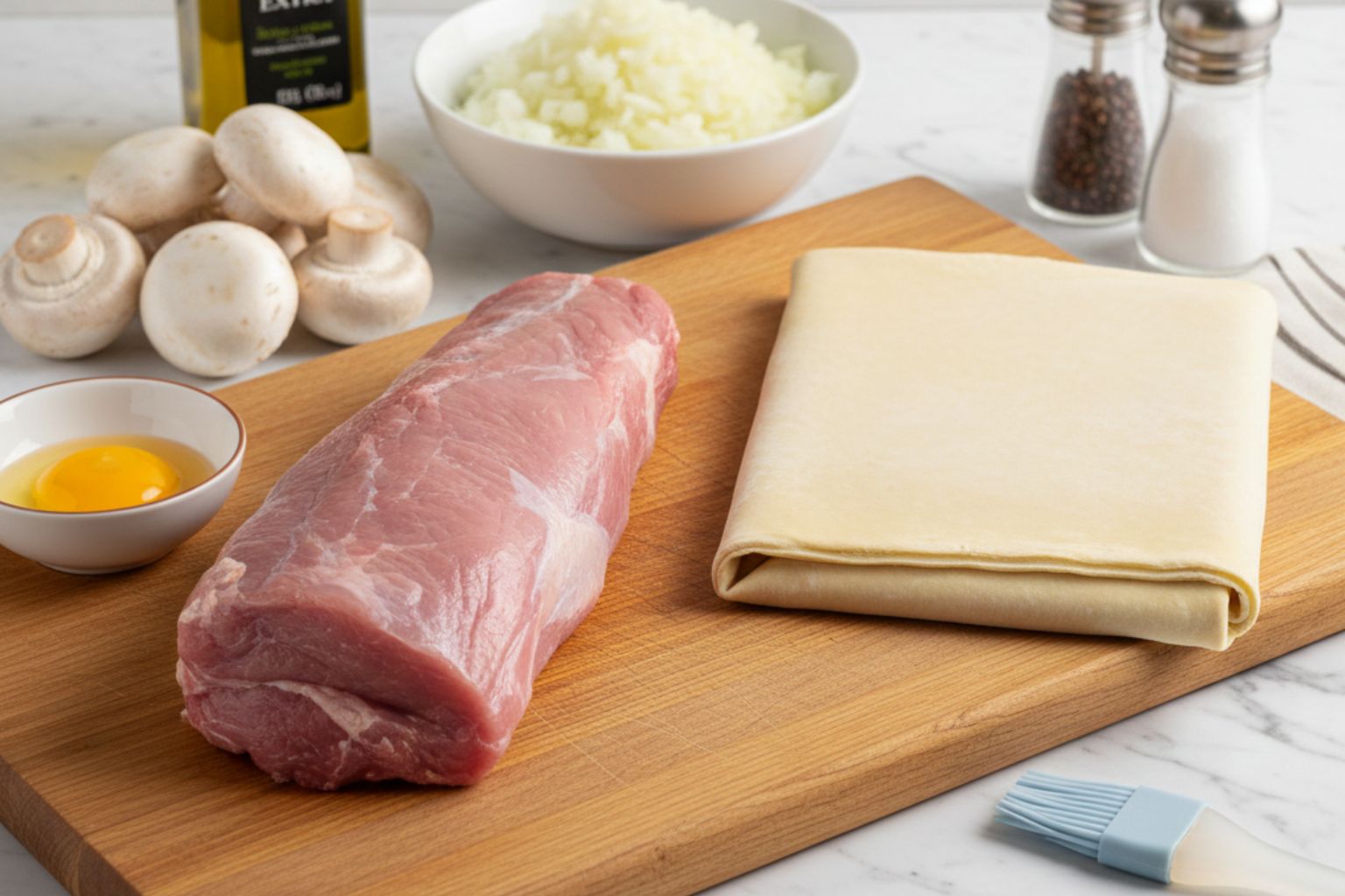 Ingredientes para el solomillo Wellington individual: solomillo, hojaldre, champiñones y huevo.