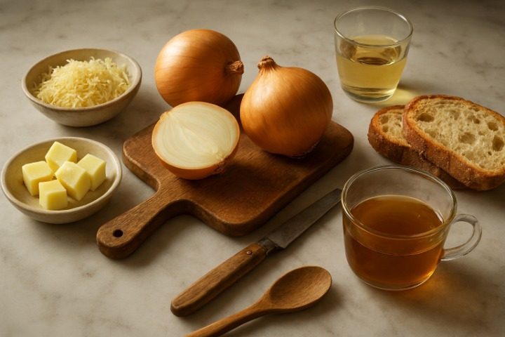 Ingredientes para sopa de cebolla francesa: cebollas, pan rústico, queso Gruyère, caldo y vino.