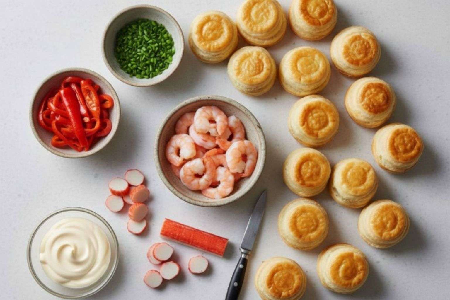 Ingredientes para el relleno de marisco de los volovanes: gambas, surimi, cebolleta y pimiento.
