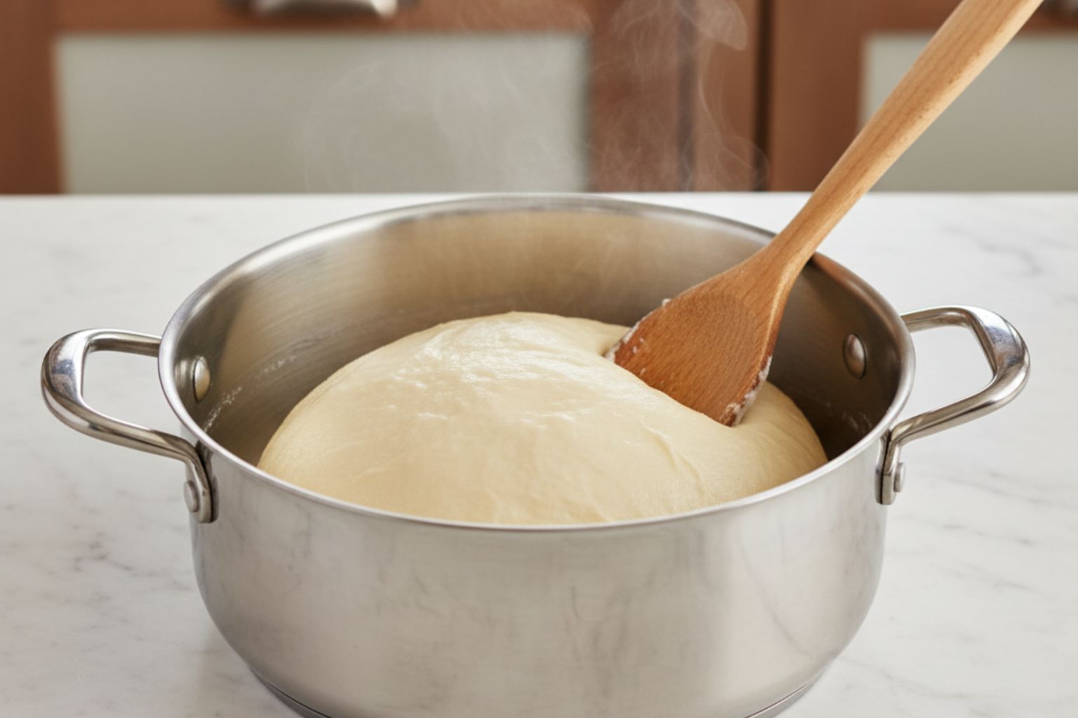 Masa de churros recién hecha en una olla, formando una bola lisa y homogénea.